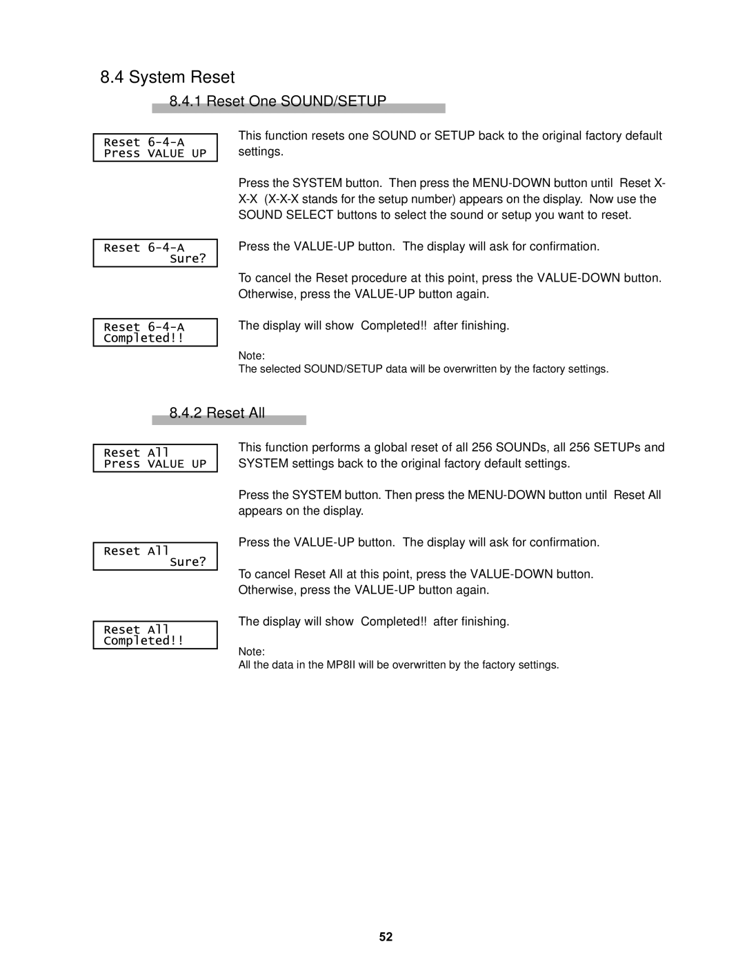 Kawai MP8II manual System Reset, Reset One SOUND/SETUP, Reset All 