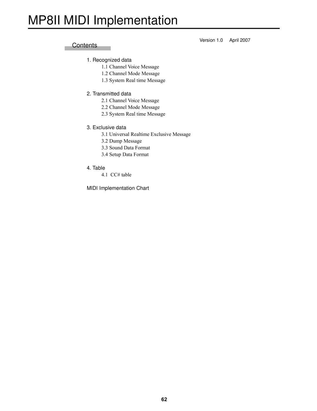 Kawai manual MP8II Midi Implementation, Contents 