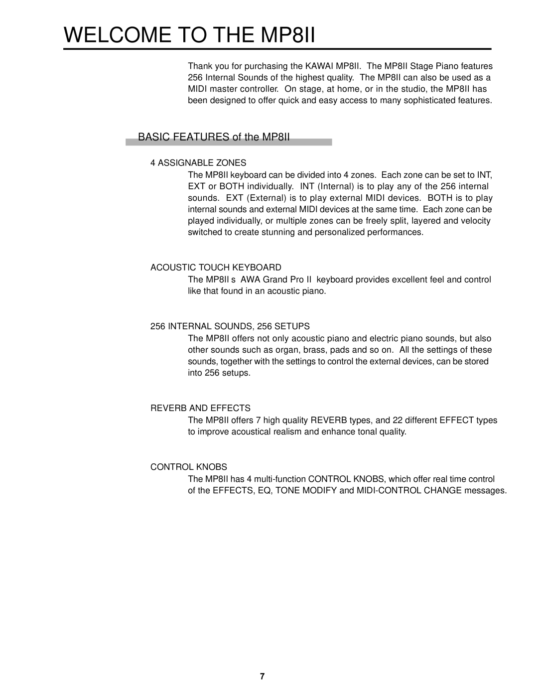 Kawai manual Welcome to the MP8II, Basic Features of the MP8II 