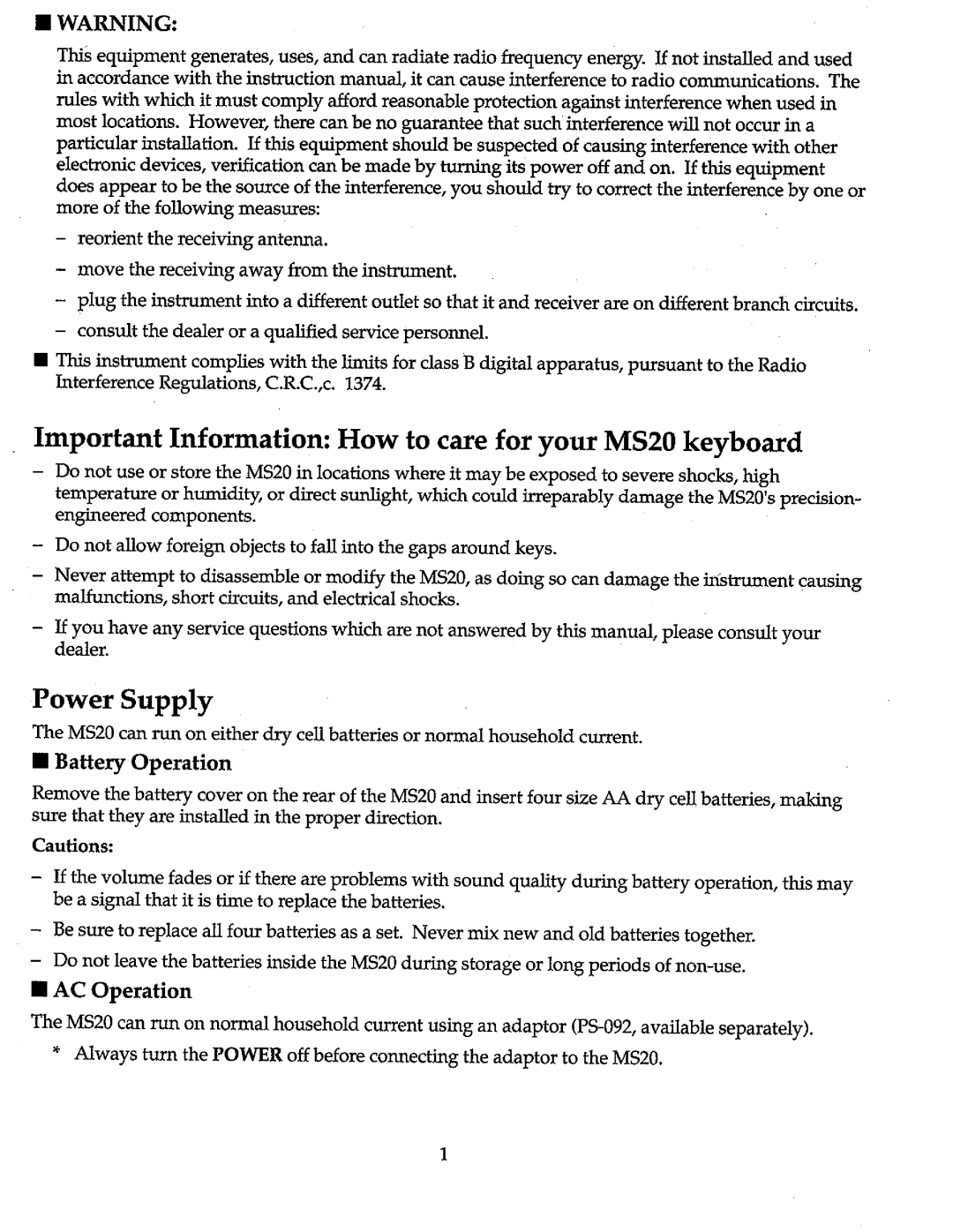 Kawai MS20 manual 