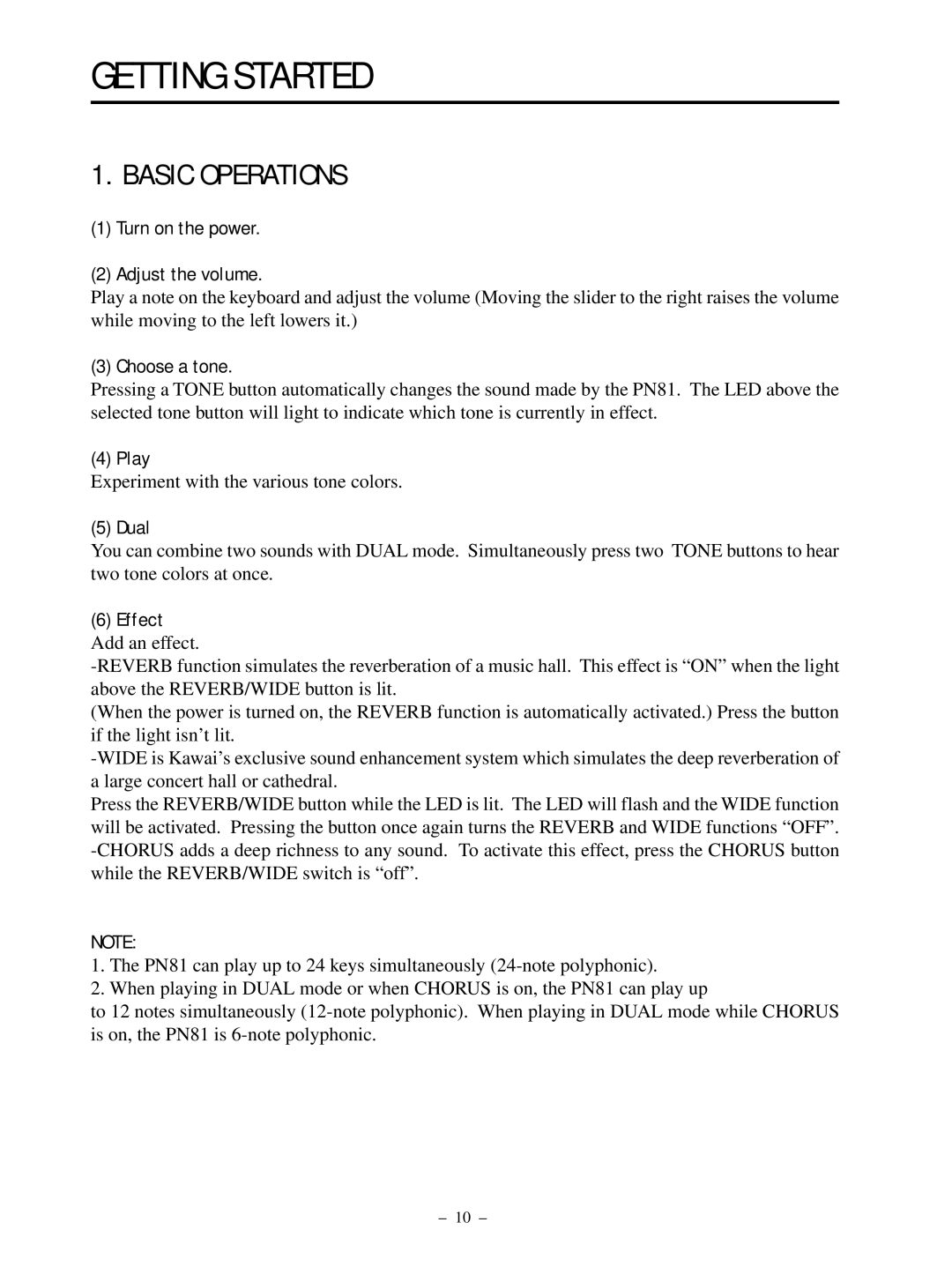 Kawai PN81 manual Getting Started, Basic Operations 