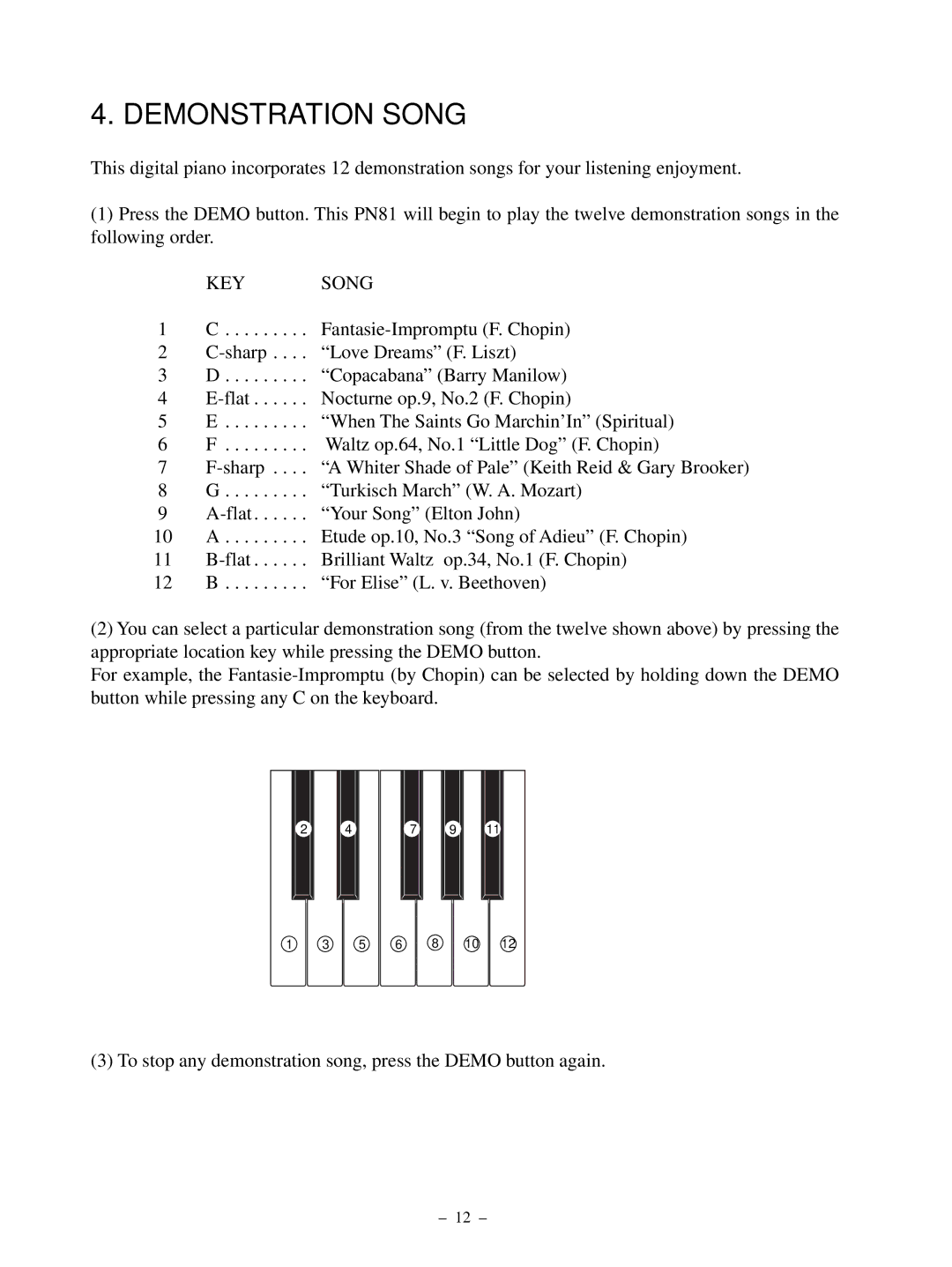 Kawai PN81 manual Demonstration Song, KEY Song 