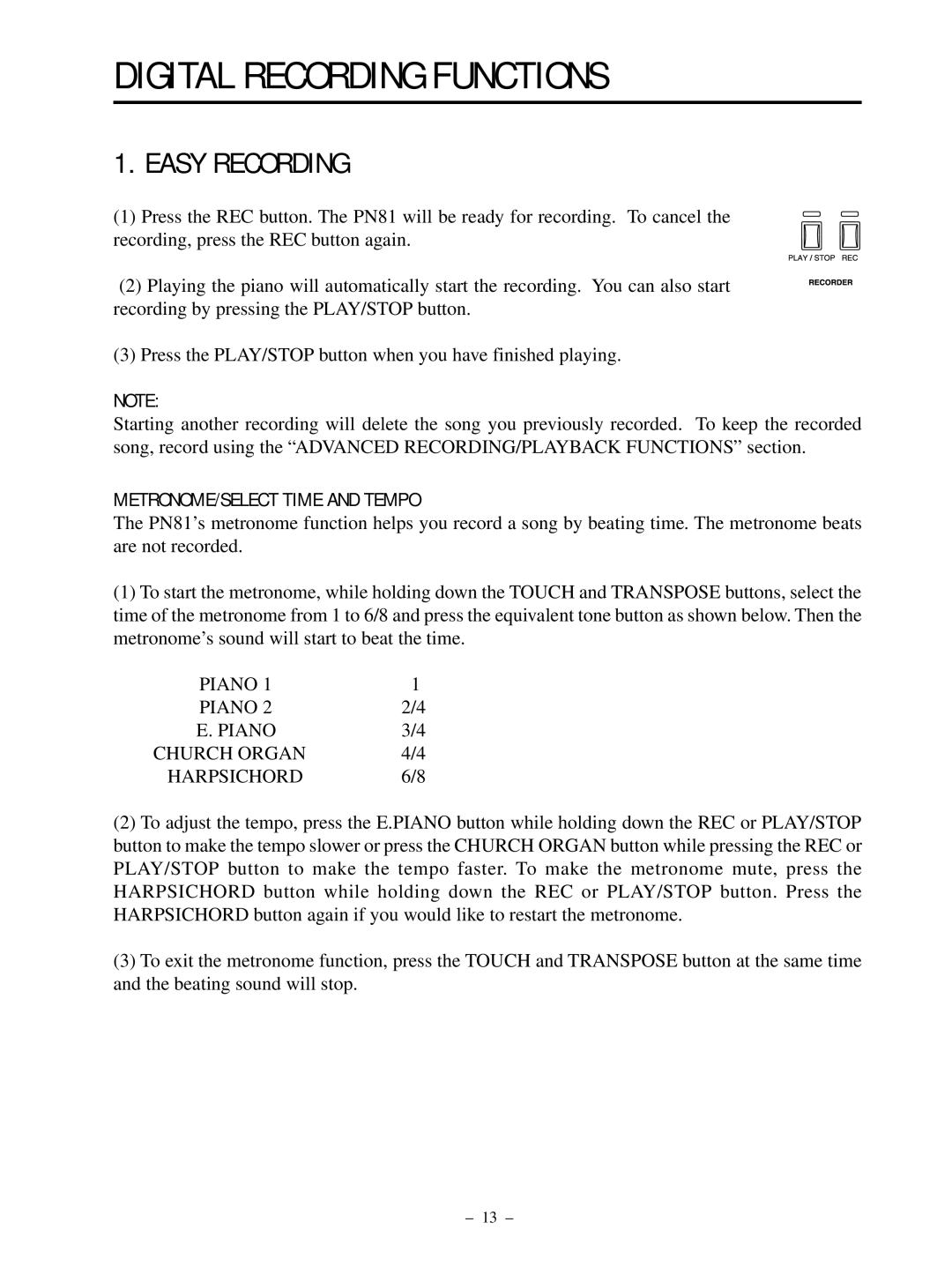 Kawai PN81 manual Digital Recording Functions, Easy Recording, METRONOME/SELECT Time and Tempo 