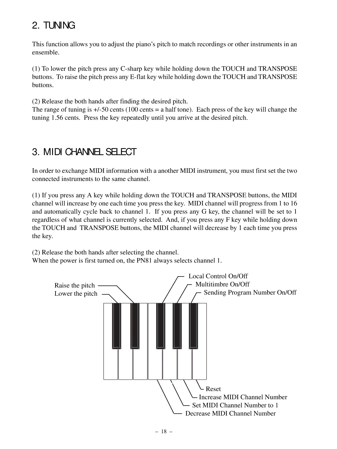 Kawai PN81 manual Tuning, Midi Channel Select 