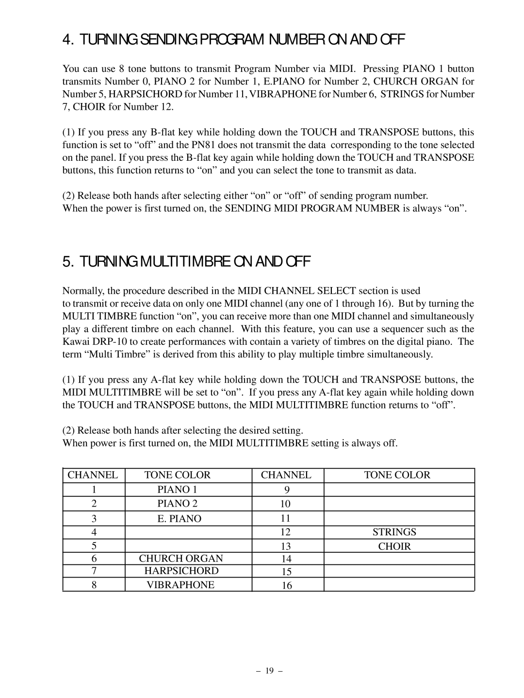 Kawai PN81 manual Turning Sending Program Number on and OFF, Turning Multitimbre on and OFF 
