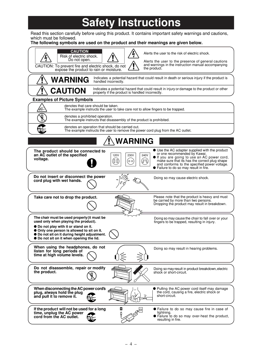 Kawai PN81 manual Safety Instructions 