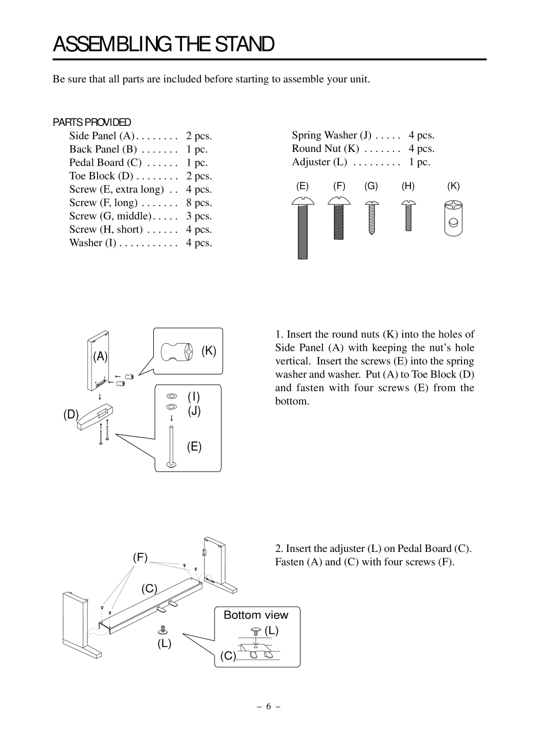 Kawai PN81 manual Assembling the Stand, Parts Provided 