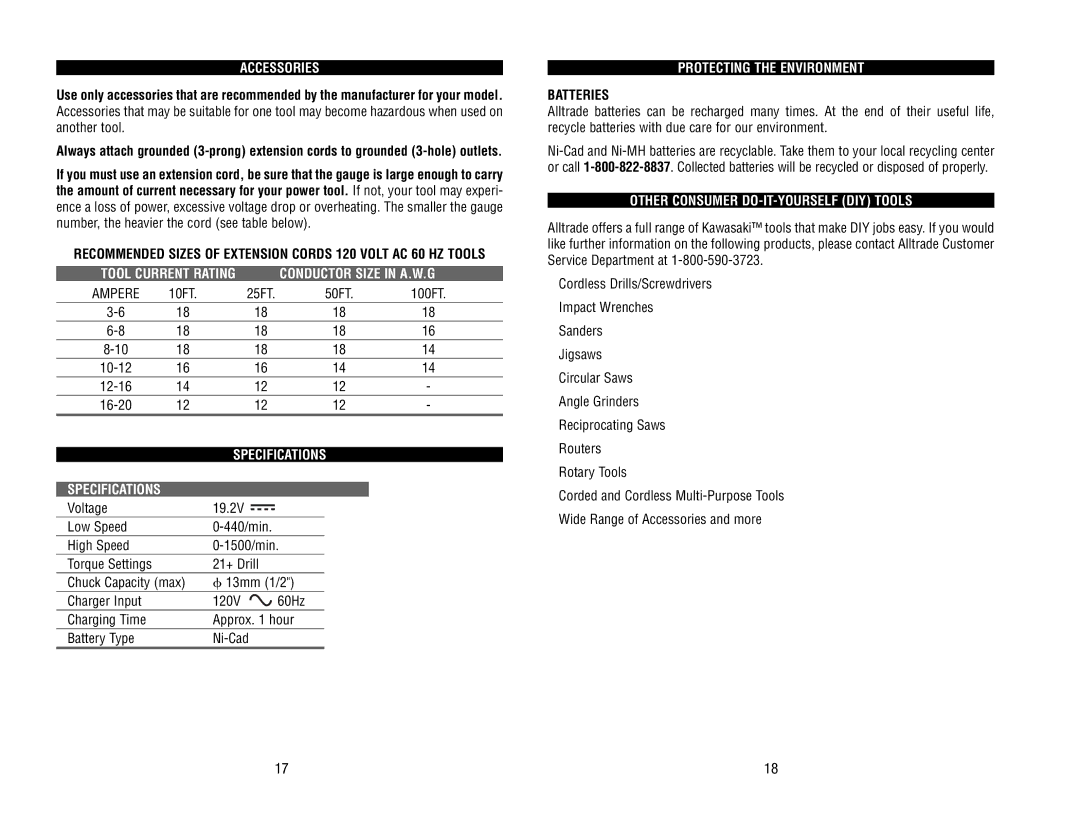 Kawasaki 690551-1HR instruction manual Accessories, Conductor Size in A.W.G, Specifications, Protecting the Environment 