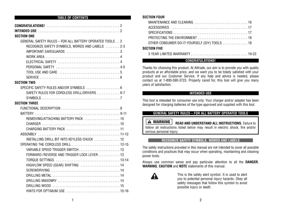 Kawasaki 690551-1HR Table of Contents, Congratulations, Intended USE, General Safety Rules for ALL Battery Operated Tools 