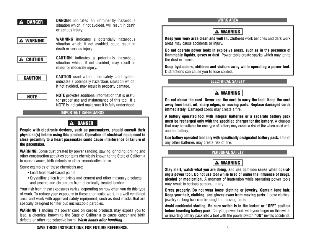 Kawasaki 690551-1HR Important Safeguards, Save These Instructions for Future Reference, Work Area, Electrical Safety 