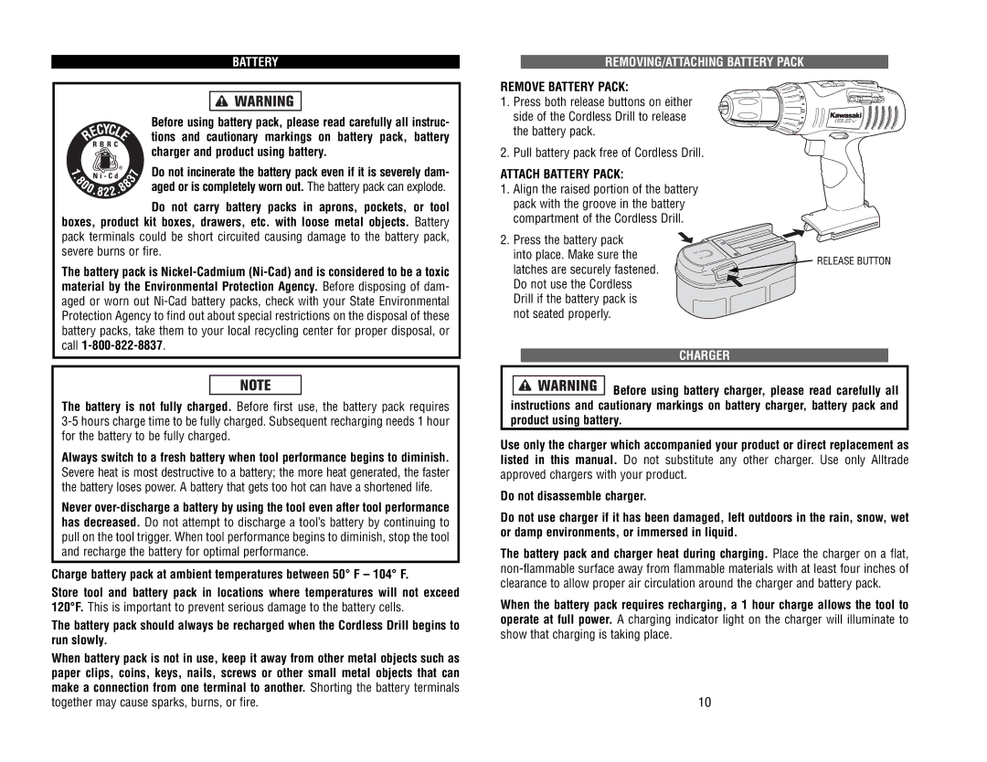 Kawasaki 690551-1HR REMOVING/ATTACHING Battery Pack, Remove Battery Pack, Attach Battery Pack, Charger 