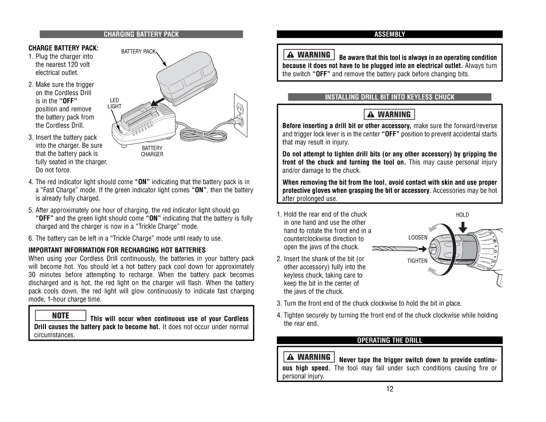 Kawasaki 690551-1HR Charging Battery Pack Assembly, Charge Battery Pack, Installing Drill BIT Into Keyless Chuck 