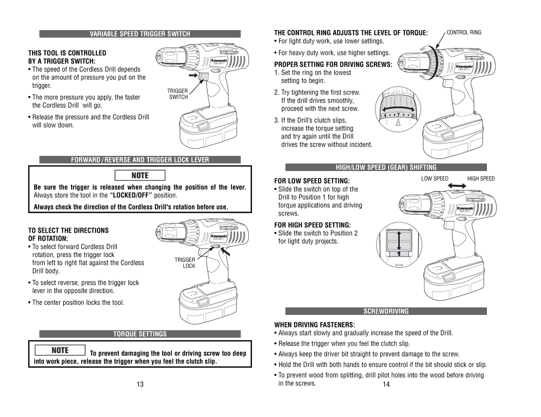 Kawasaki 690551-1HR Variable Speed Trigger Switch, Forward / Reverse and Trigger Lock Lever, Torque Settings, Screwdriving 