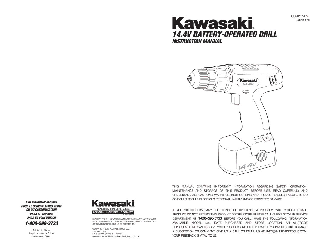 Kawasaki 691170 instruction manual 14.4V BATTERY-OPERATED Drill 