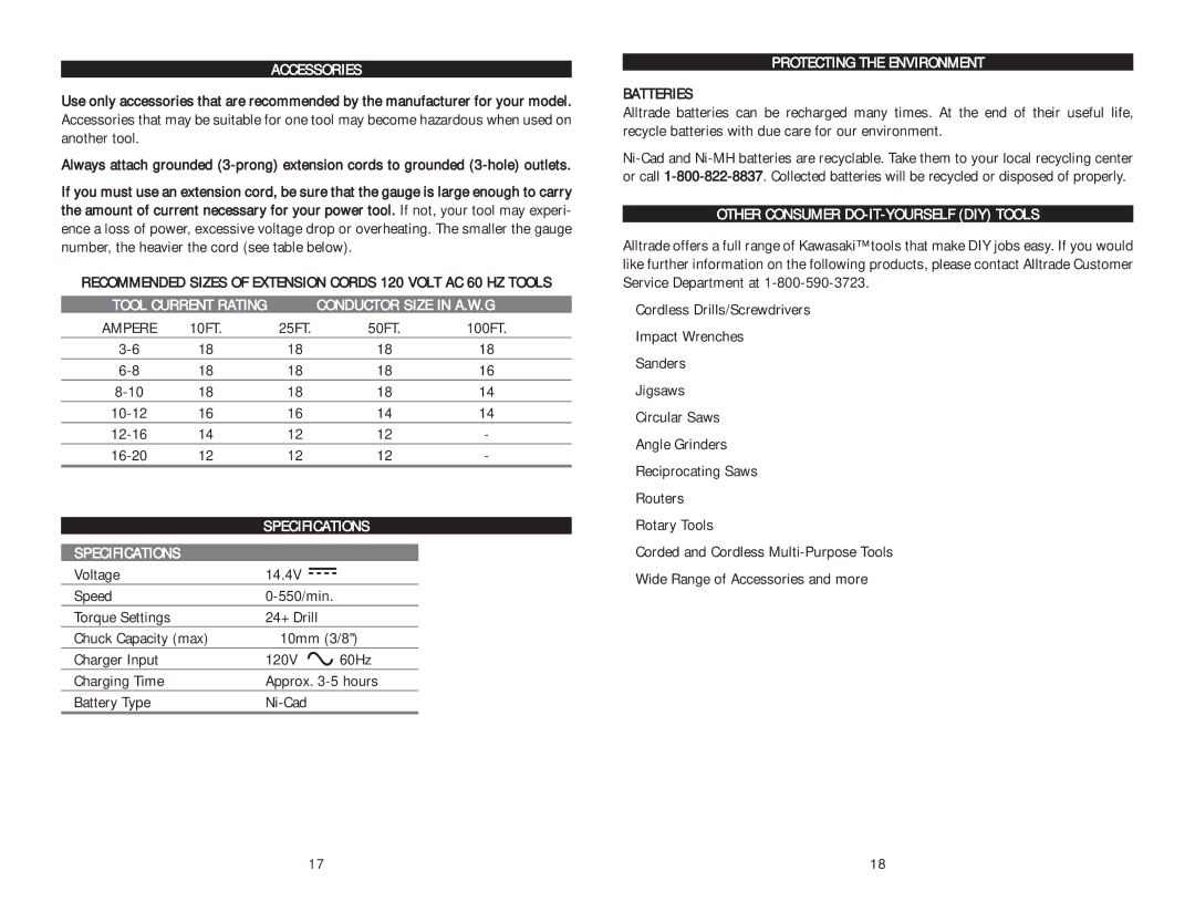 Kawasaki 691170 Accessories, Tool Current Rating Conductor Size in A.W.G, Specifications, Protecting the Environment 