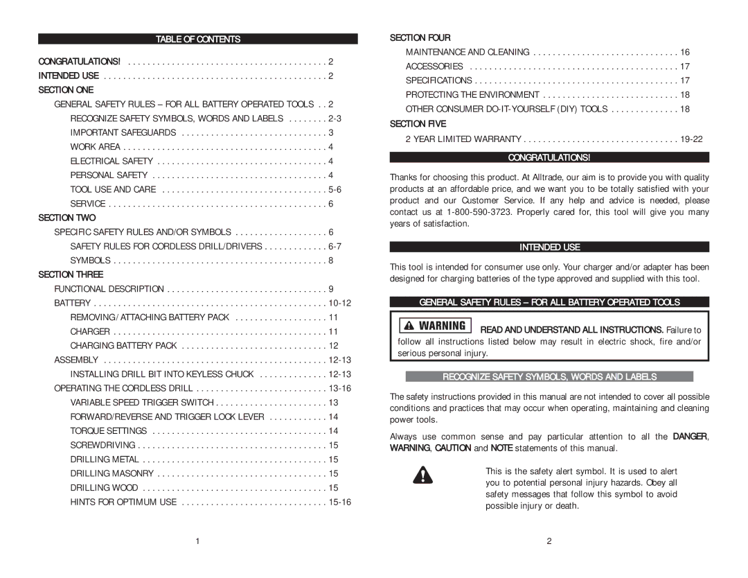 Kawasaki 691170 Table of Contents, Congratulations, Intended USE, General Safety Rules for ALL Battery Operated Tools 