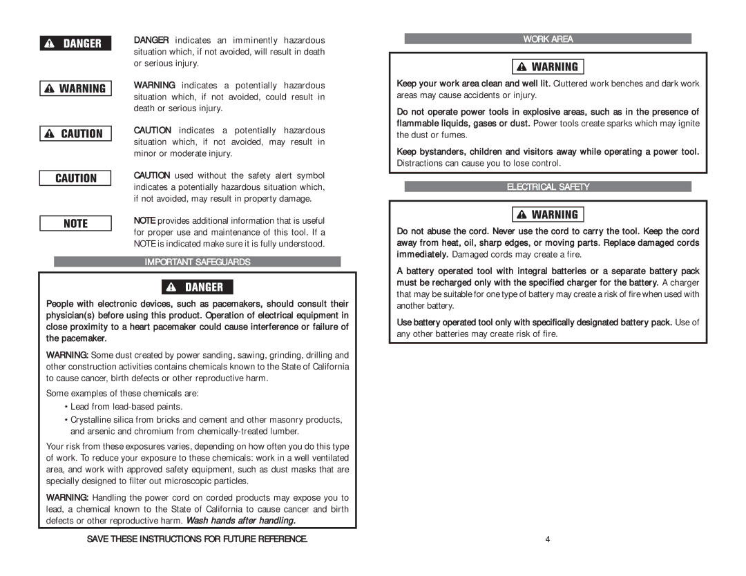 Kawasaki 691170 Important Safeguards, Save These Instructions for Future Reference, Work Area, Electrical Safety 