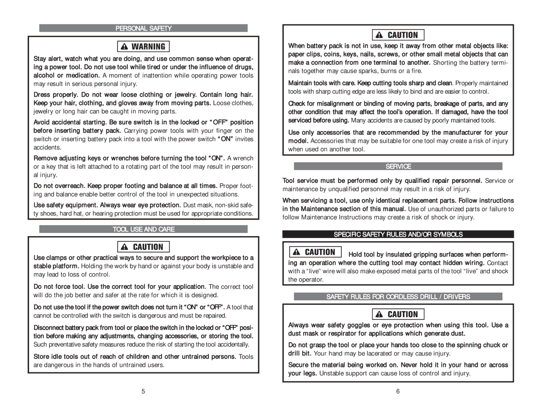 Kawasaki 691170 instruction manual Personal Safety, Tool USE and Care, Service, Specific Safety Rules AND/OR Symbols 