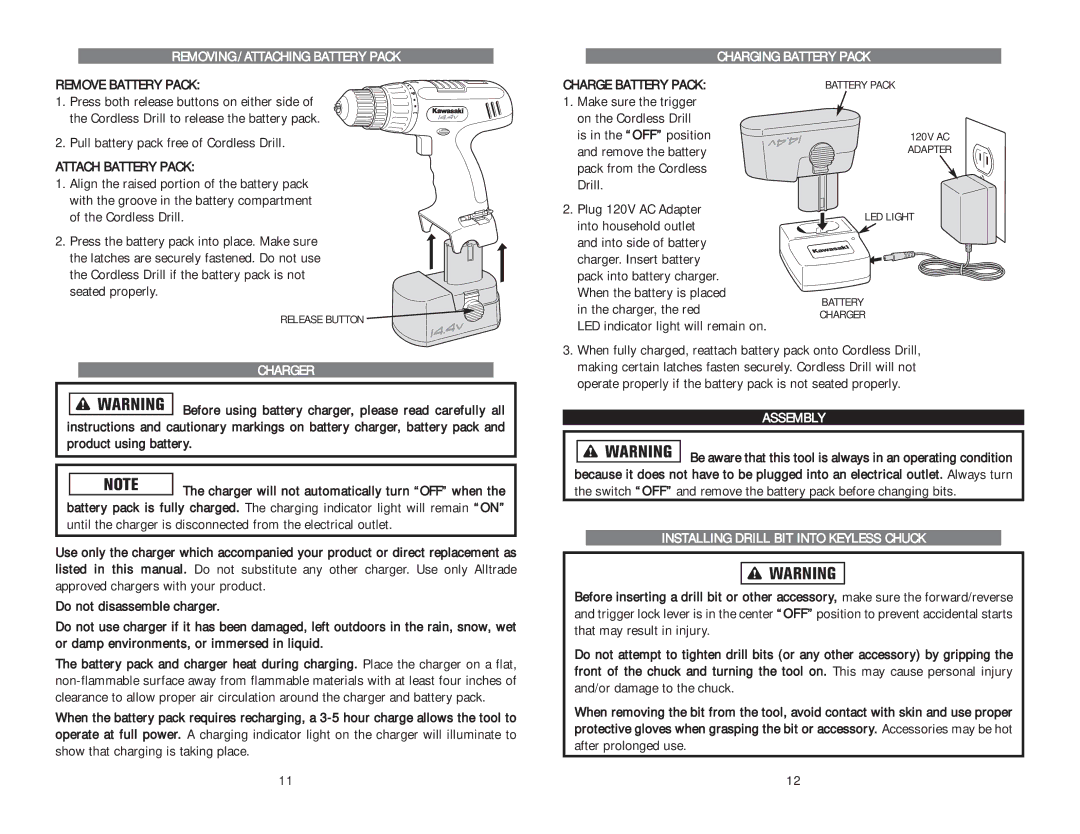 Kawasaki 691170 instruction manual Removing / Attaching Battery Pack Charging Battery Pack, Charger, Assembly 