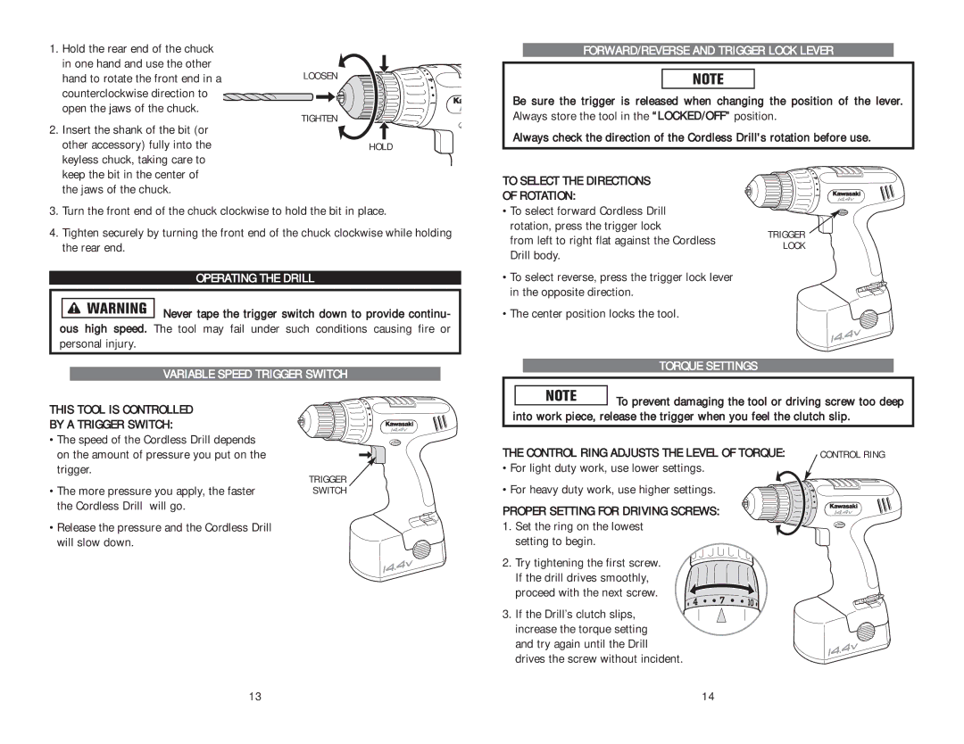 Kawasaki 691170 FORWARD/REVERSE and Trigger Lock Lever, To Select the Directions Rotation, Operating the Drill 