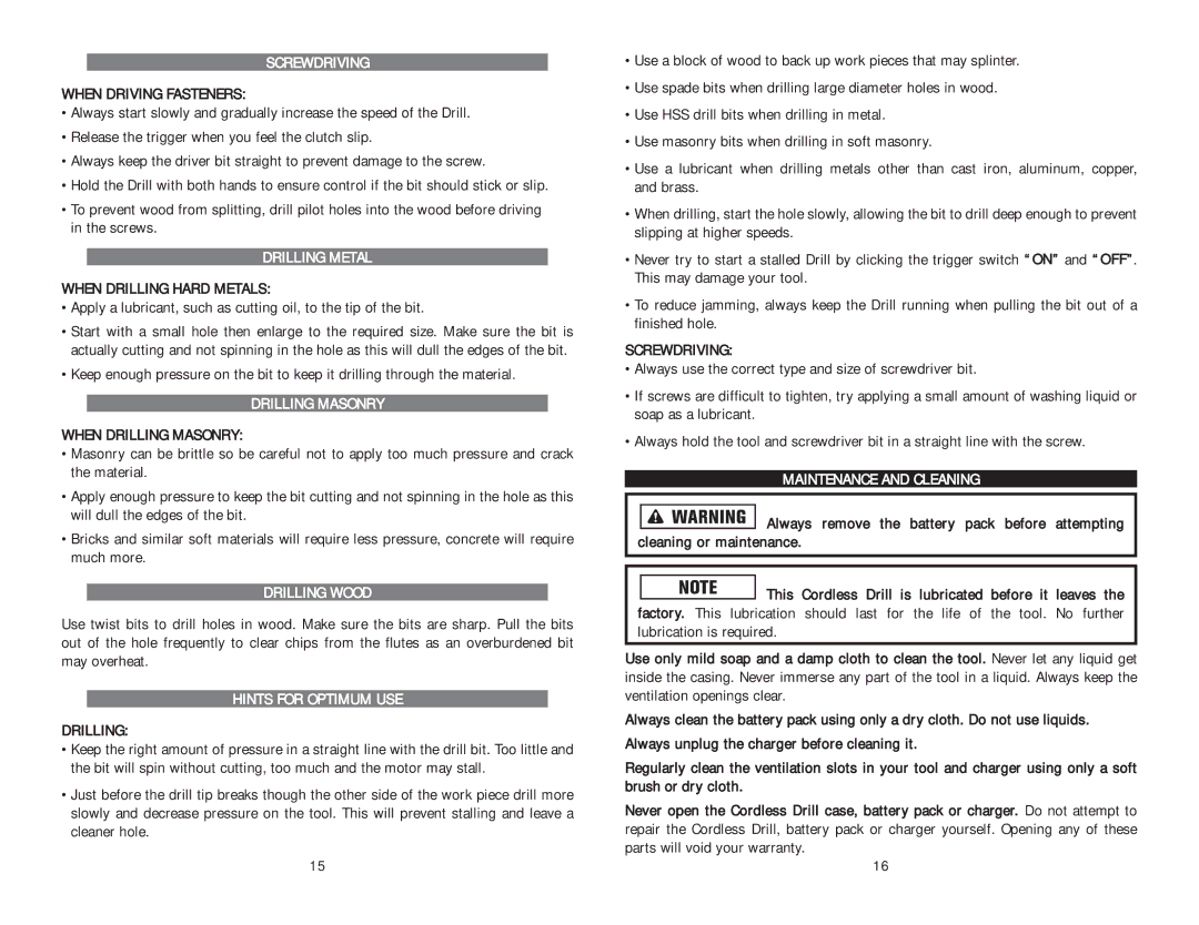 Kawasaki 691170 instruction manual Screwdriving, Drilling Metal, Drilling Masonry, Drilling Wood, Hints for Optimum USE 