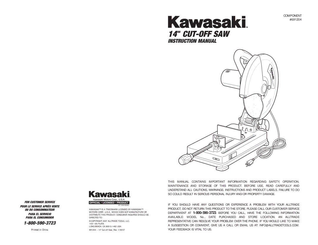 Kawasaki 691204 instruction manual Cut-Off Saw 