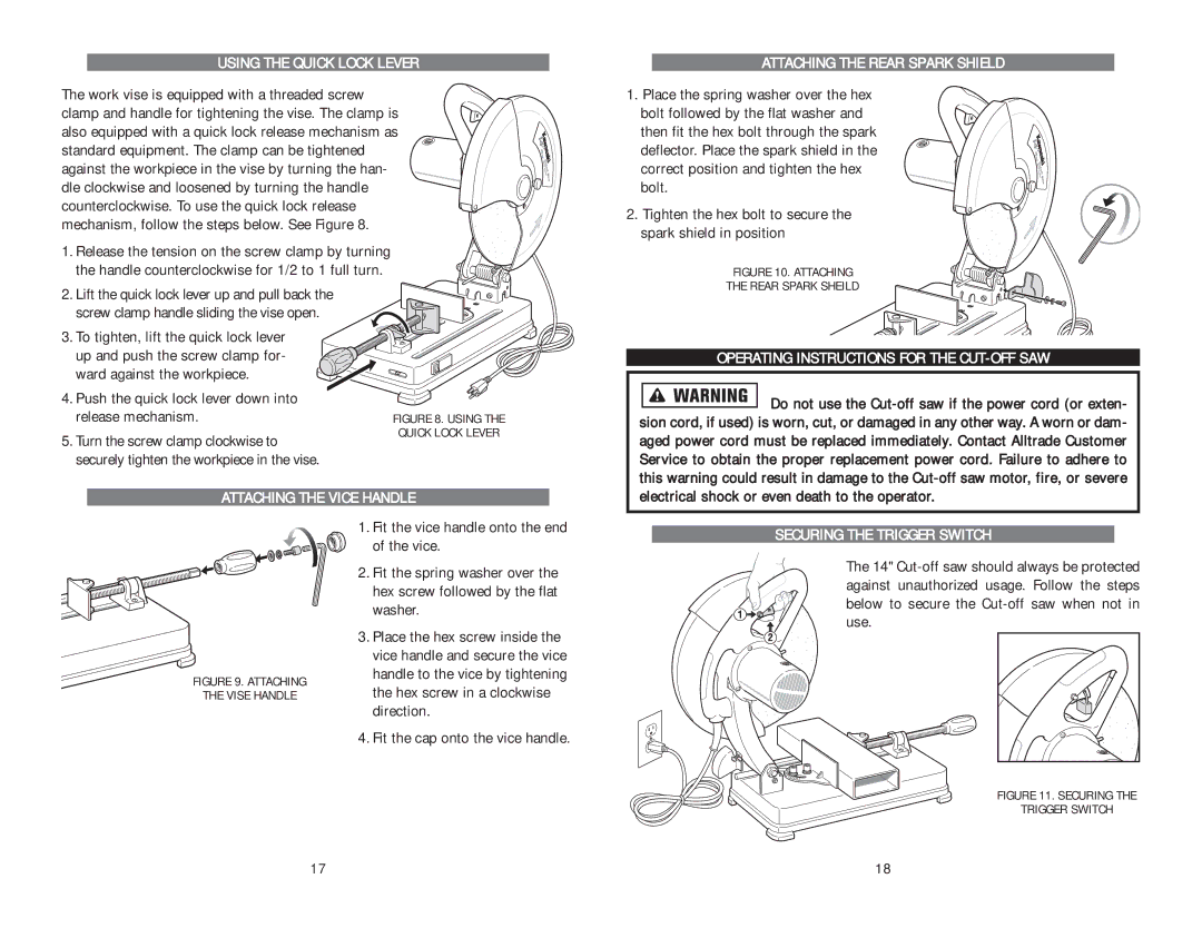 Kawasaki 691204 Using the Quick Lock Lever, Attaching the Rear Spark Shield, Operating Instructions for the CUT-OFF SAW 