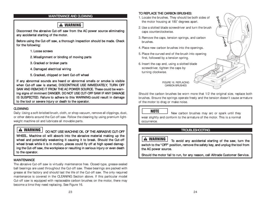 Kawasaki 691204 instruction manual Maintenance and Cleaning, To Replace the Carbon Brushes, Troubleshooting 