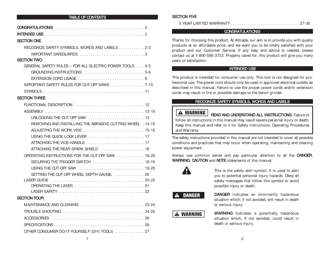 Kawasaki 691204 Table of Contents, Congratulations, Intended USE, Recognize Safety SYMBOLS, Words and Labels 