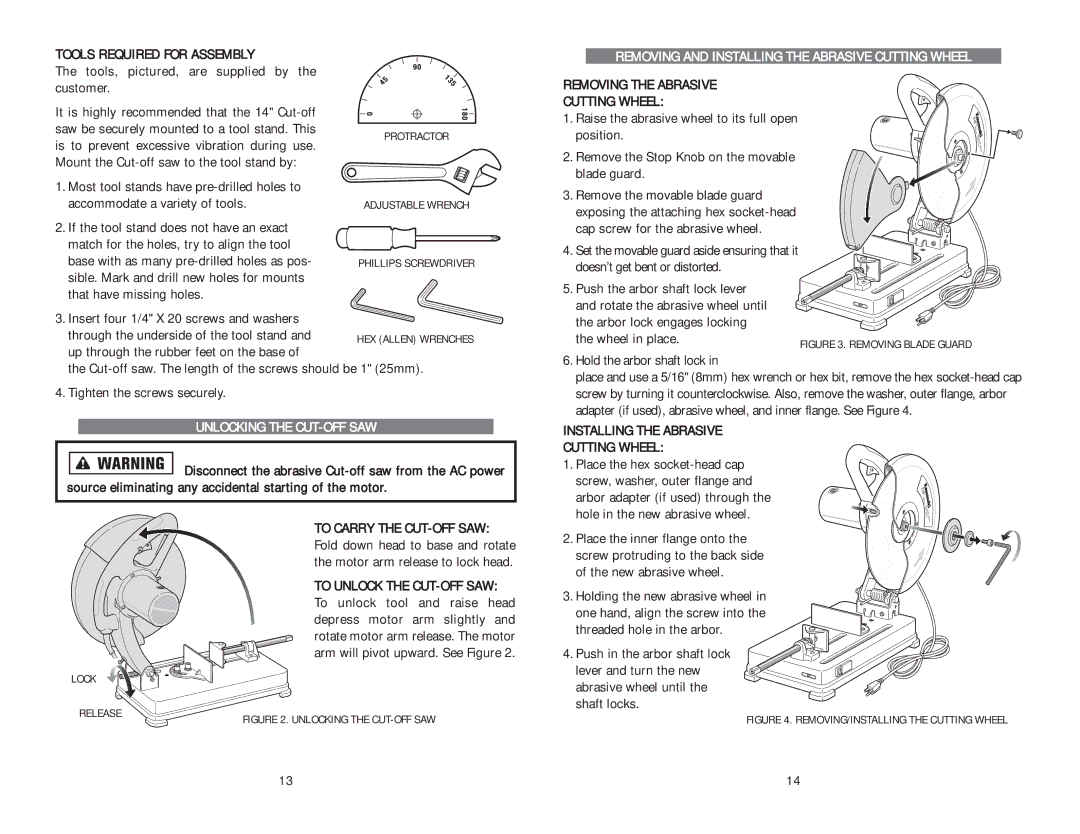 Kawasaki 691204 Tools Required for Assembly, Tools, pictured, are supplied by the customer, Unlocking the CUT-OFF SAW 