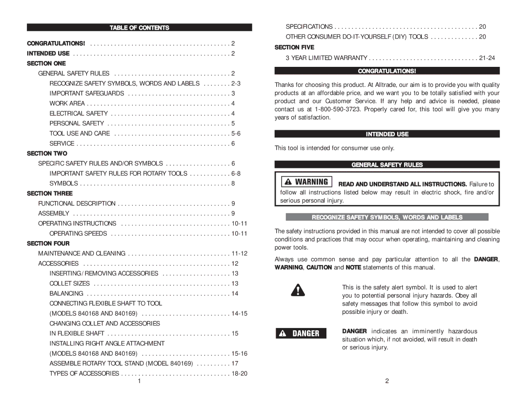 Kawasaki 691225 instruction manual Table of Contents, Congratulations, Intended USE, General Safety Rules 