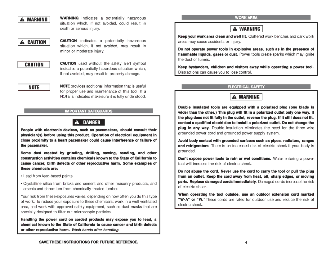 Kawasaki 691225 Important Safeguards, Save These Instructions for Future Reference, Work Area, Electrical Safety 