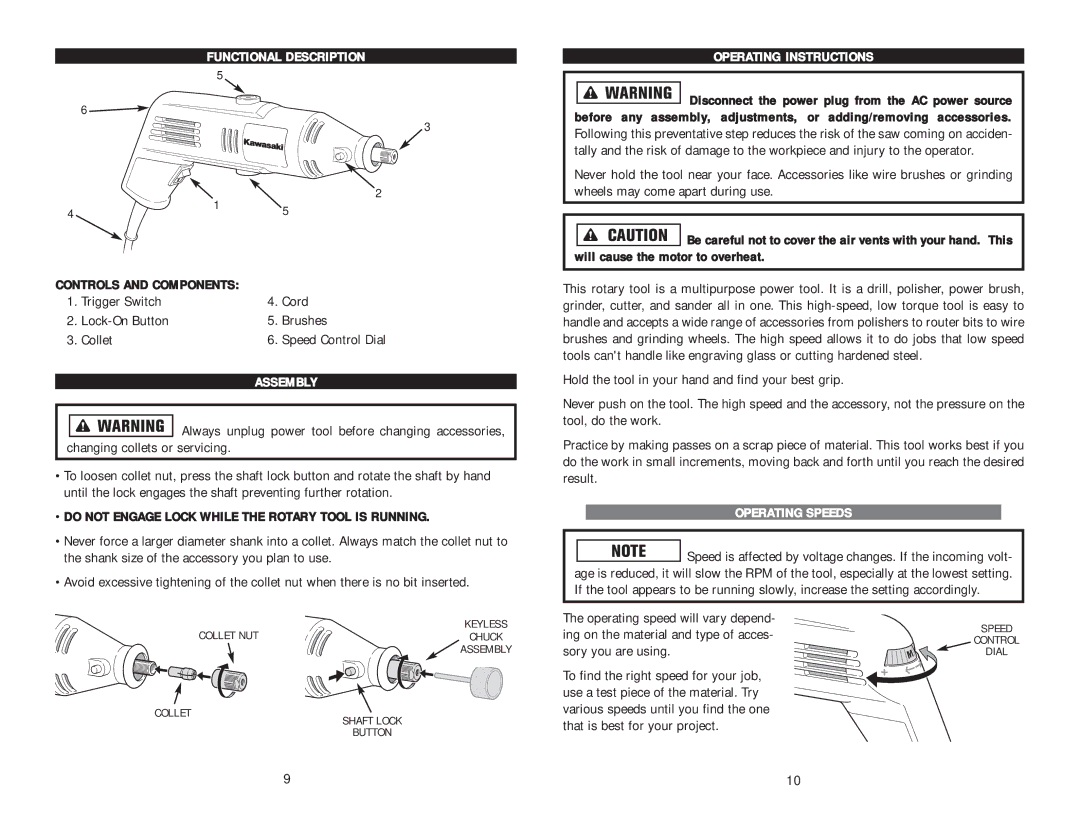 Kawasaki 691225 Functional Description, Assembly, Do not Engage Lock While the Rotary Tool is Running, Operating Speeds 