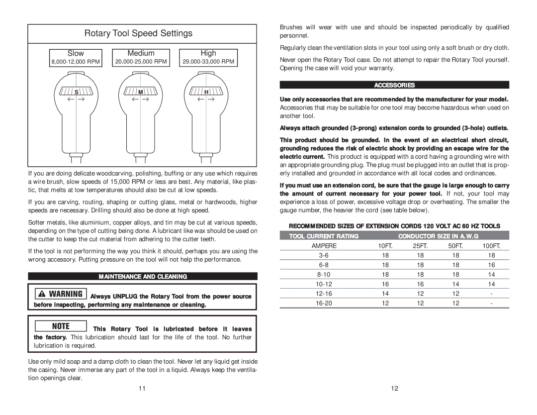 Kawasaki 691225 instruction manual Maintenance and Cleaning, This Rotary Tool is lubricated before it leaves, Accessories 