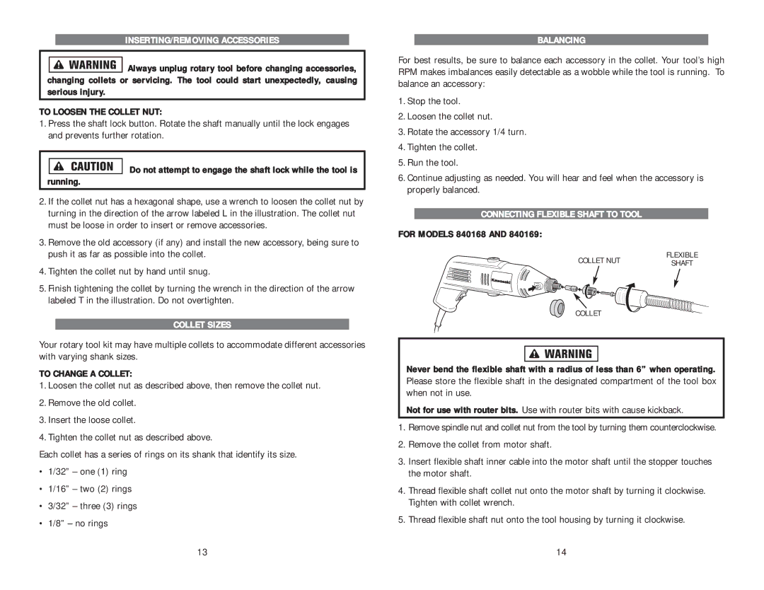 Kawasaki 691225 INSERTING/REMOVING Accessories, Collet Sizes, Balancing, Connecting Flexible Shaft to Tool 