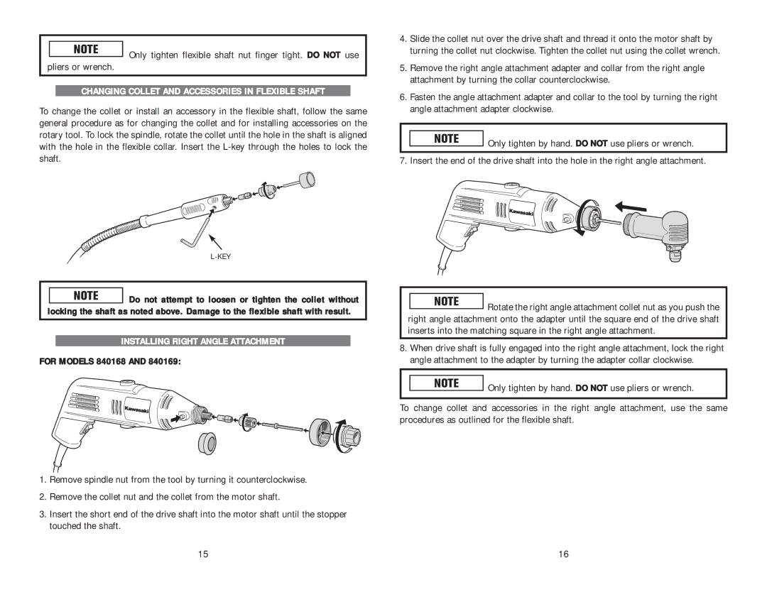 Kawasaki 691225 instruction manual Changing Collet and Accessories in Flexible Shaft, Installing Right Angle Attachment 