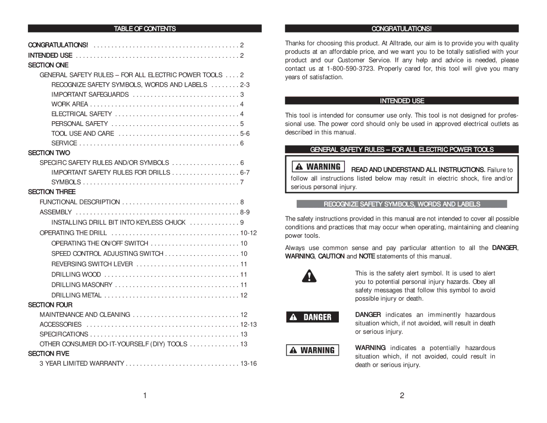 Kawasaki 691241 Table of Contents, Congratulations, Intended USE, General Safety Rules for ALL Electric Power Tools 