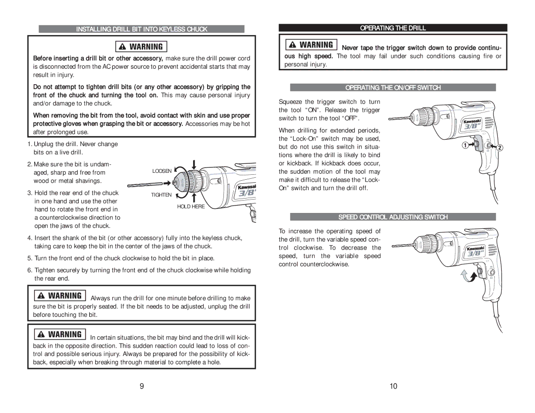 Kawasaki 691241 Installing Drill BIT Into Keyless Chuck, Operating the Drill, Operating the ON/OFF Switch 