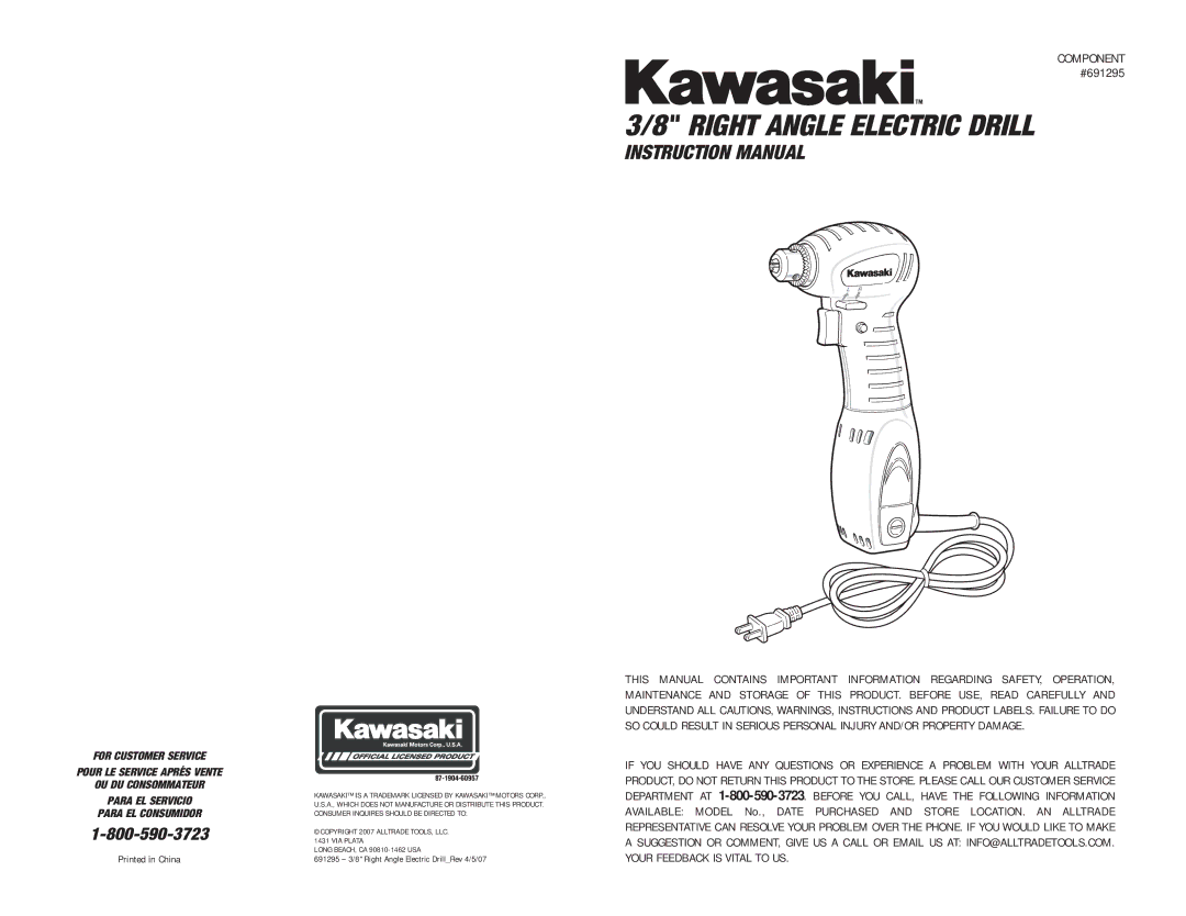 Kawasaki 691295 instruction manual Right Angle Electric Drill 