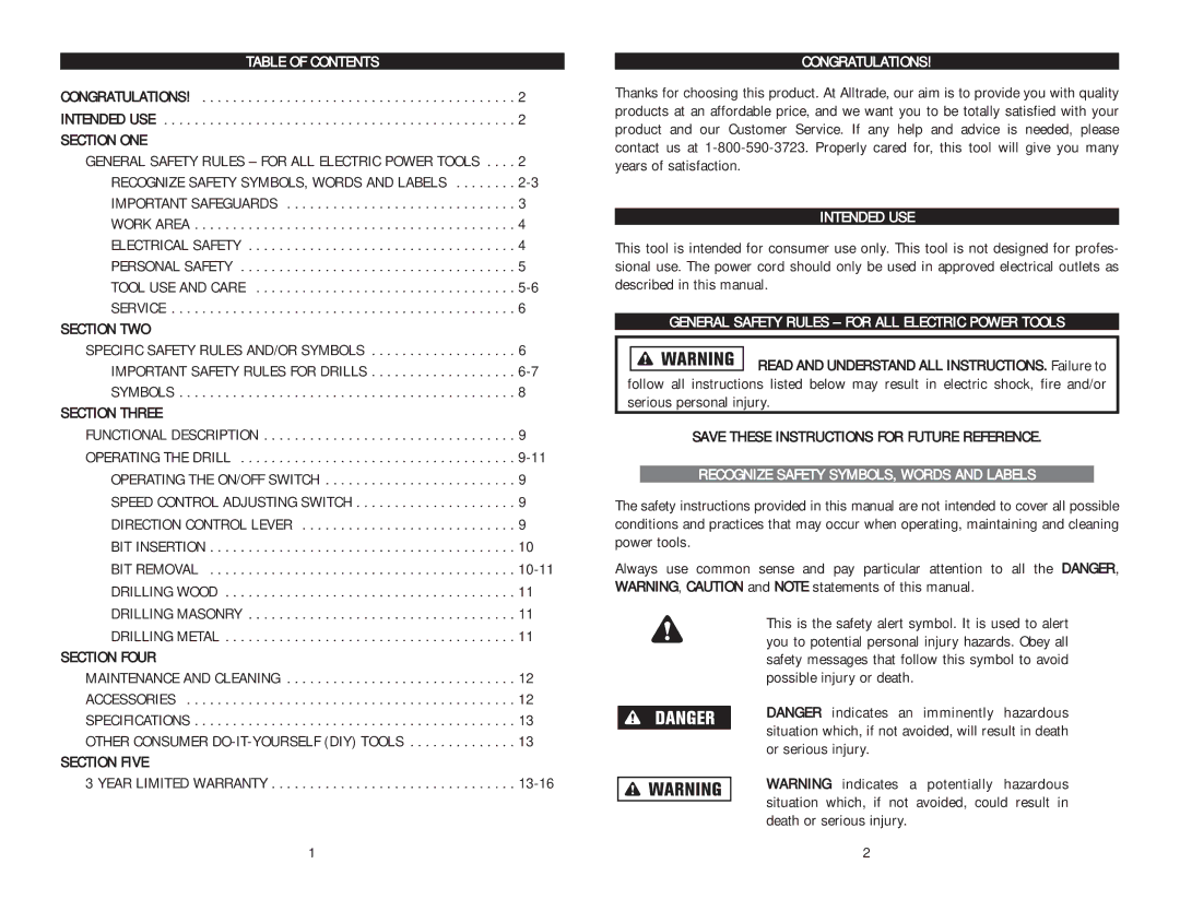 Kawasaki 691295 Table of Contents, Congratulations, Intended USE, General Safety Rules for ALL Electric Power Tools 