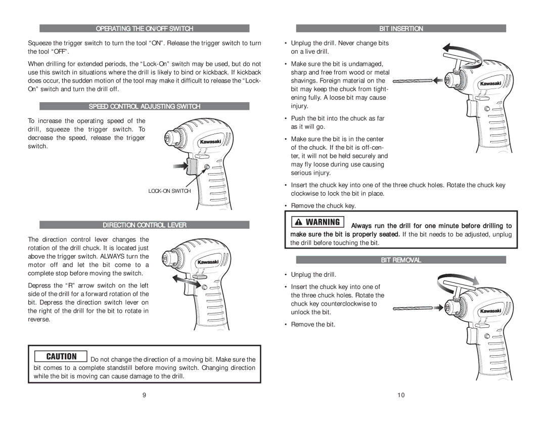 Kawasaki 691295 Operating the ON/OFF Switch, Speed Control Adjusting Switch, Direction Control Lever, BIT Insertion 