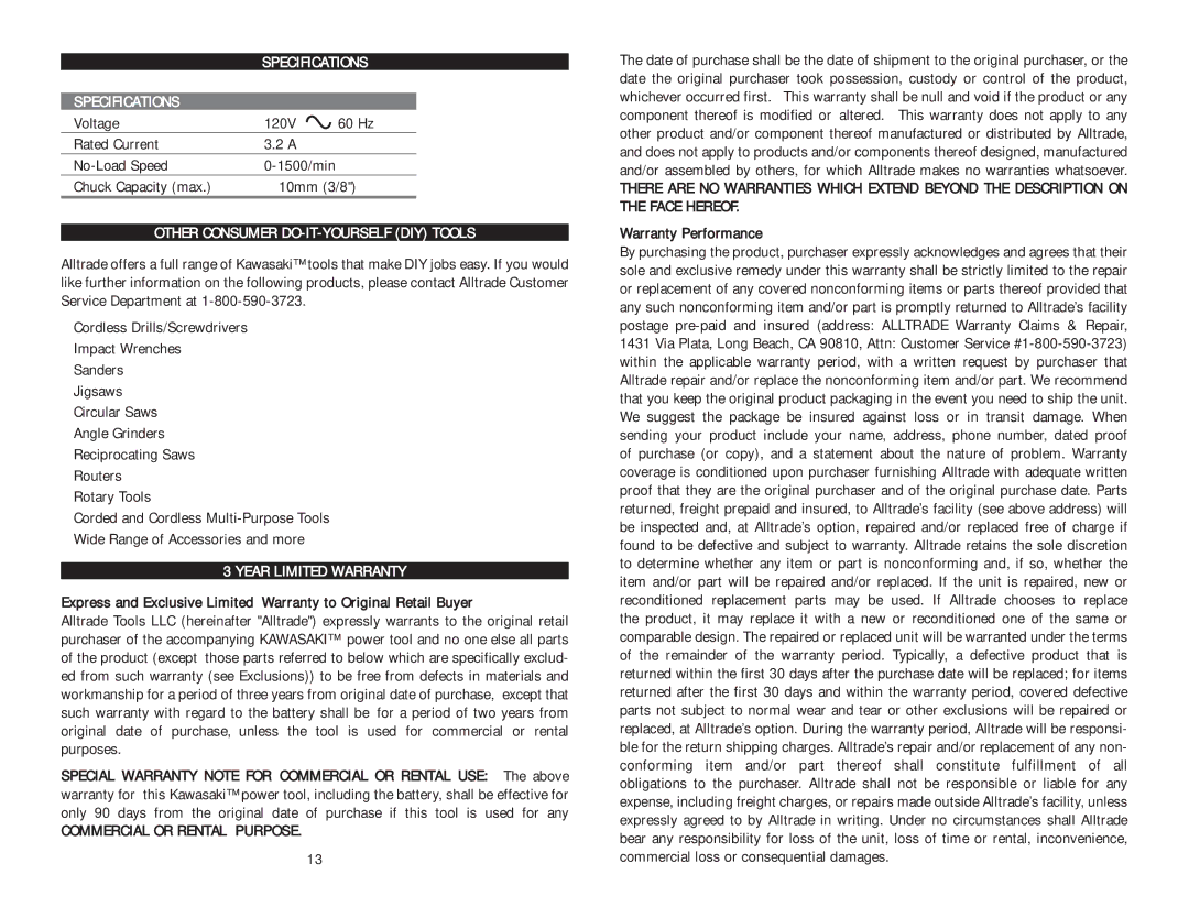 Kawasaki 691295 instruction manual Specifications, Other Consumer DO-IT-YOURSELF DIY Tools, Year Limited Warranty 