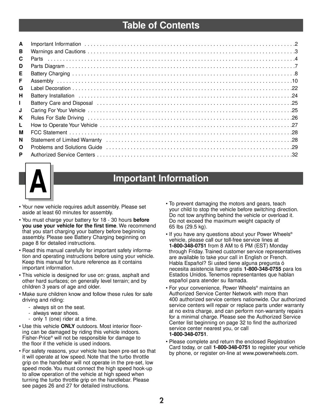 Kawasaki 73600 owner manual Important Information, Table of Contents 