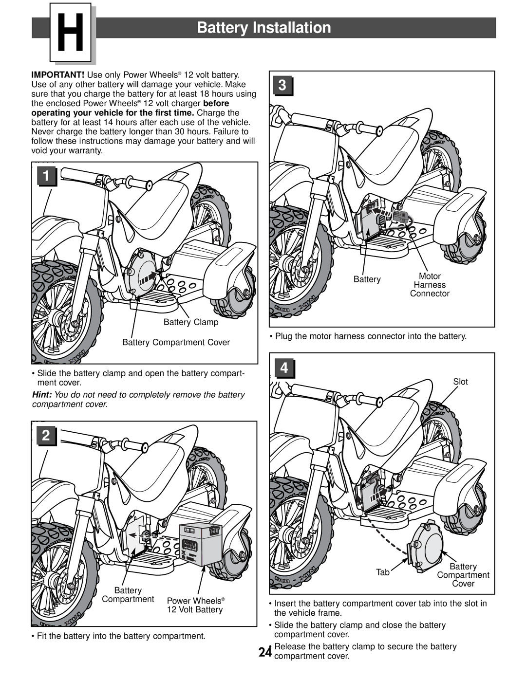 Kawasaki 73600 owner manual Battery Installation 