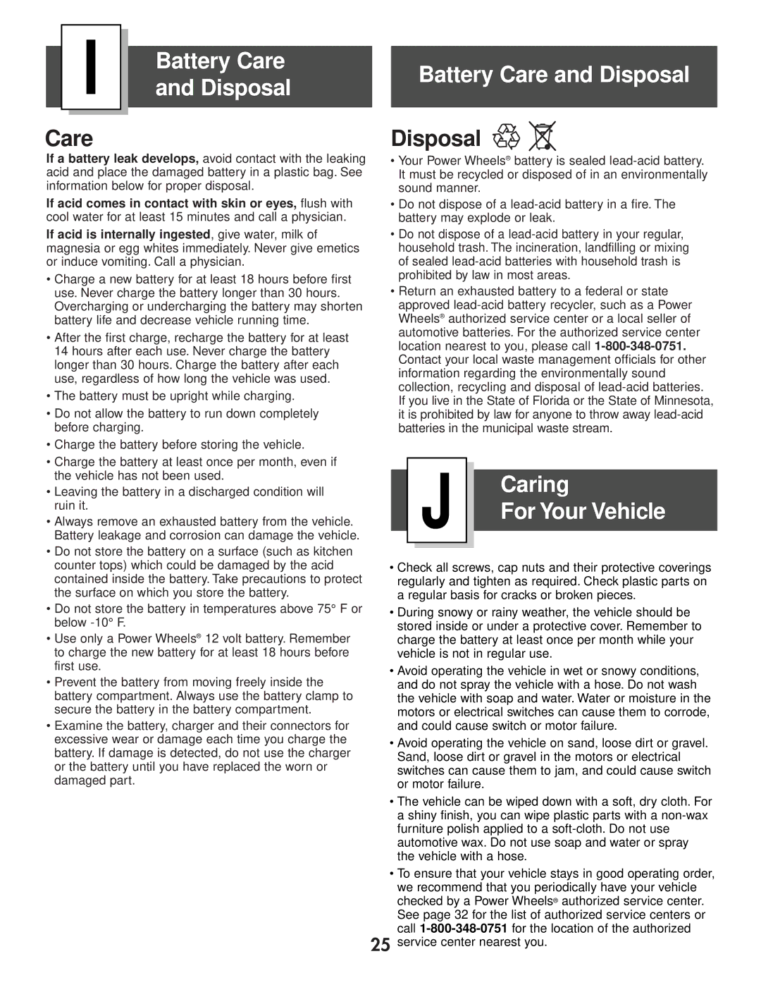 Kawasaki 73600 owner manual Battery Care Battery Care and Disposal, Caring 