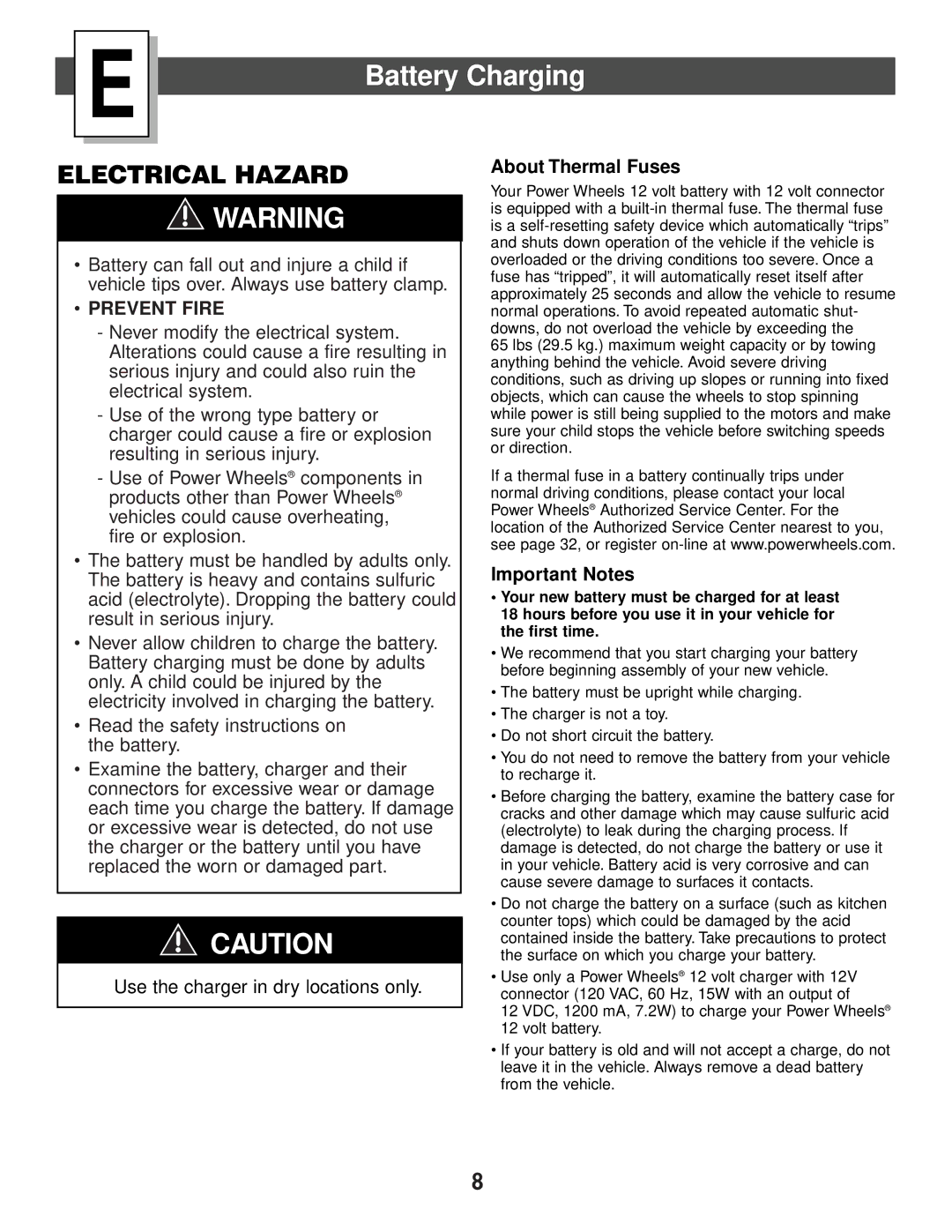 Kawasaki 73600 owner manual Battery Charging, Prevent Fire 