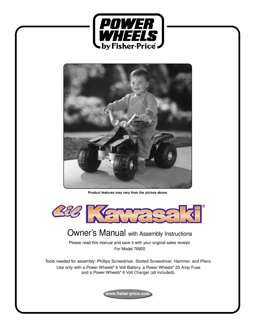 Kawasaki 76920 owner manual Product features may vary from the picture above 