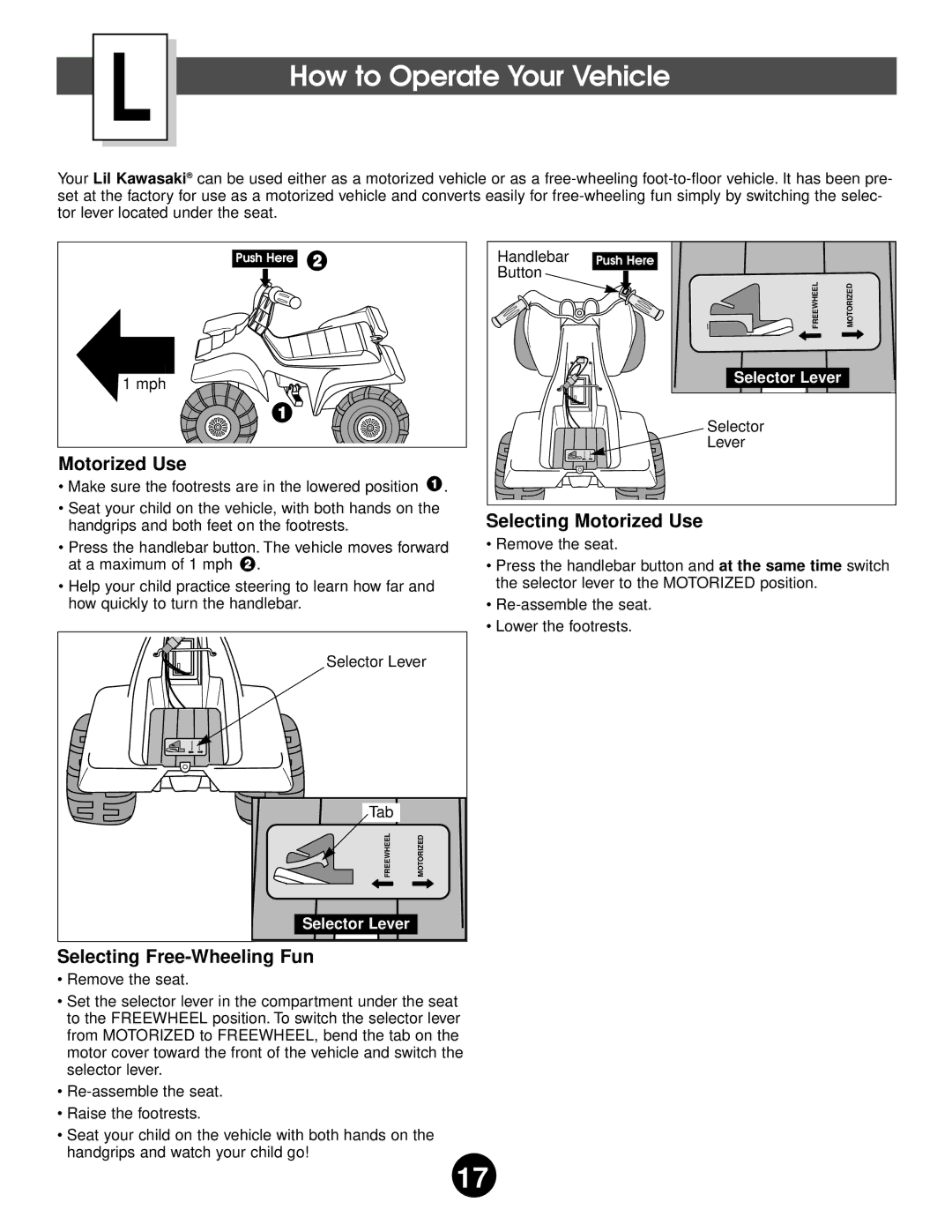 Kawasaki 76920 owner manual How to Operate Your Vehicle, Motorized Use 