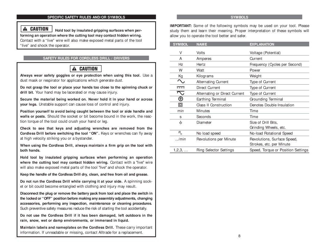 Kawasaki 821048 manual Specific Safety Rules AND/OR Symbols, Safety Rules for Cordless Drill / Drivers 