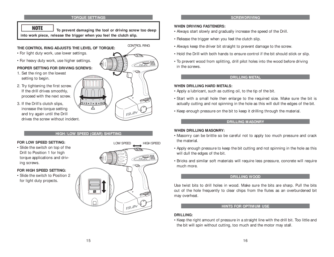 Kawasaki 821048 manual Torque Settings, Screwdriving, Drilling Metal, Drilling Masonry High / LOW Speed Gear Shifting 